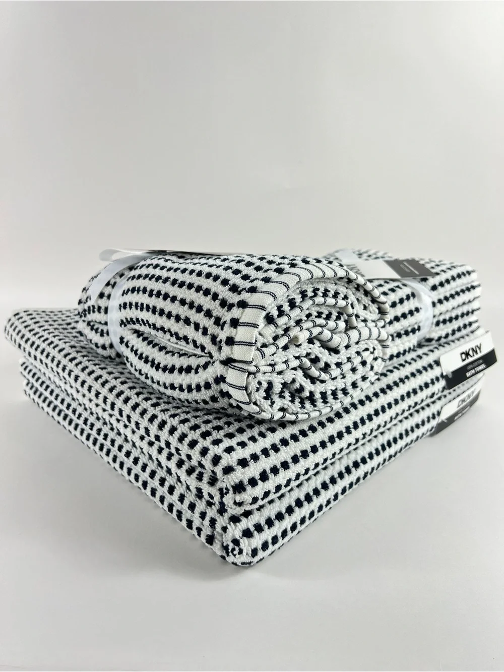 DKNY Bath Towel Set Black White Textured Dot 100% Cotton Super Soft 8 Pc NEW
